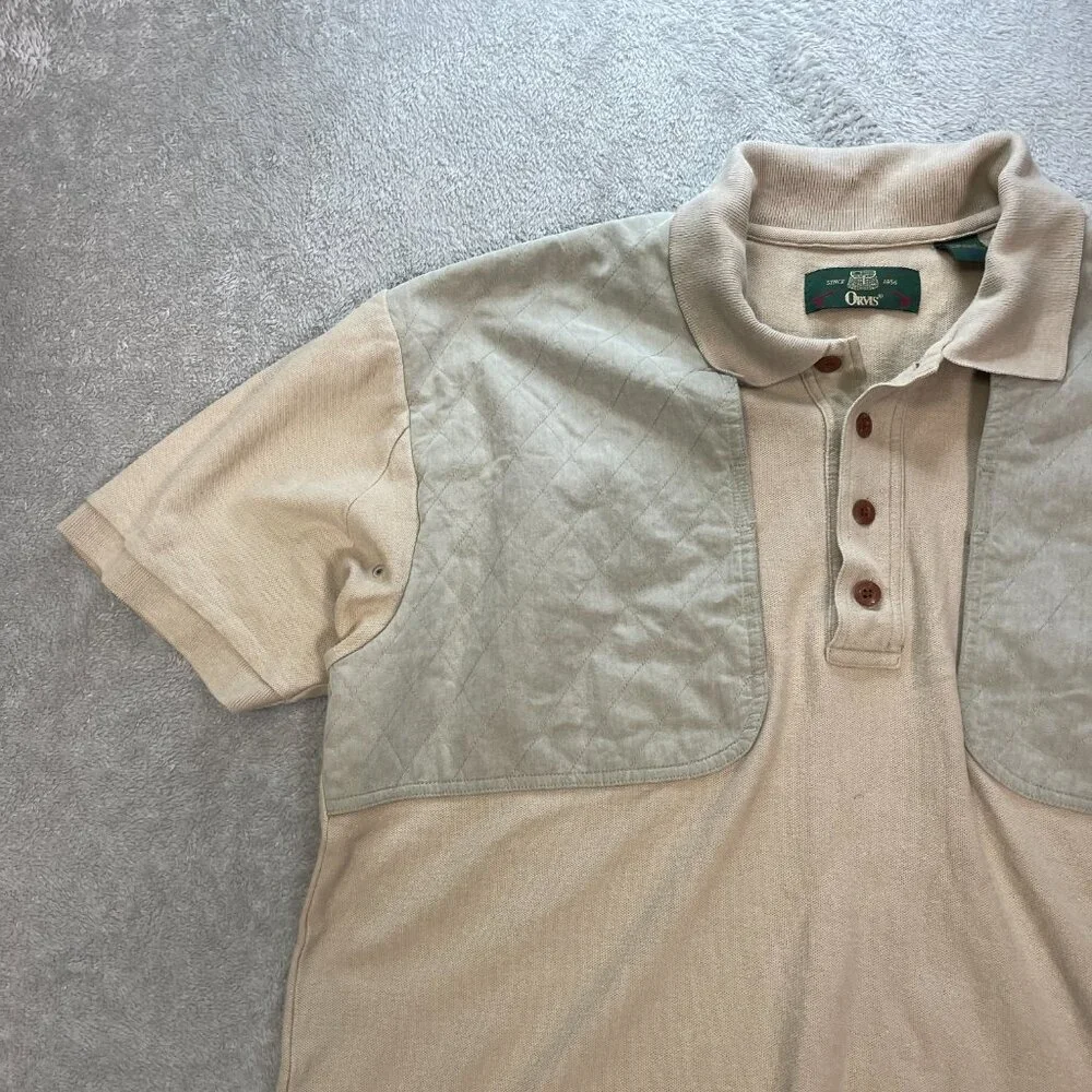 Orvis Men’s Large Shooting Shirt Hunting Beige Hook And Loop Chest Pad Button Up
